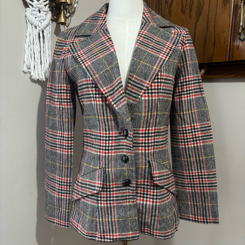 Handmade Vintage Wool Blazer Suit Jacket Size XS Checkered Plaid Red Black 70s